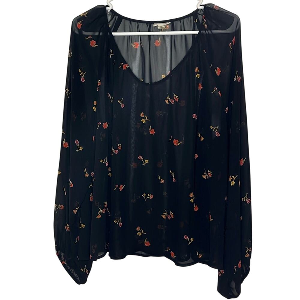 Ana Black Floral Blouse Womens XXL Sheer Elastic Cuffs Feminine Fairy Whimsigoth